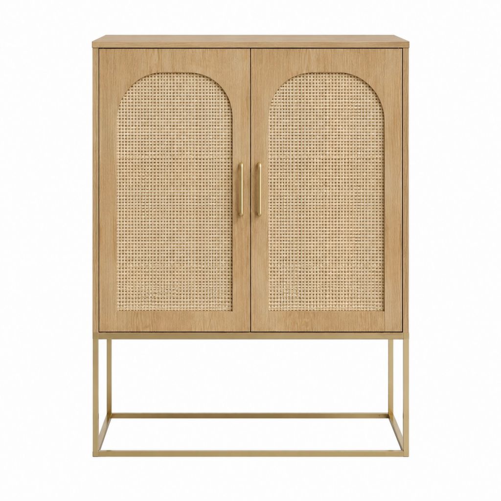 Buffet haut 2 portes chêne clair MDF placage chêne cannage naturel 90 x 40 x 130 cm