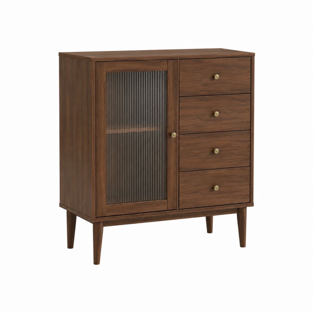 Buffet de rangement noyer en MDF et verre cannelé 80 x 40 x 100 cm