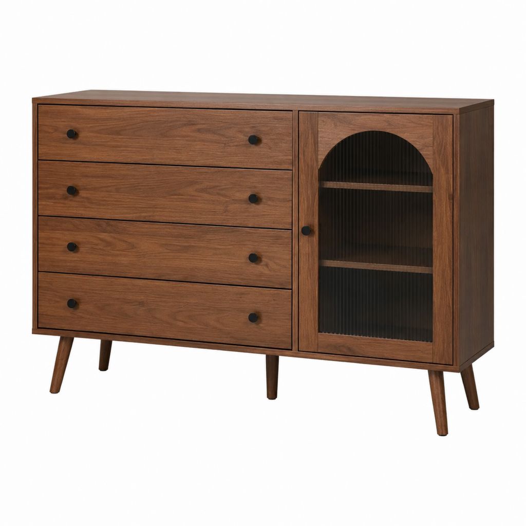 Buffet de salle à manger noyer en MDF plaqué bois avec 4 tiroirs et porte vitrée 120 x 40 x 80 cm