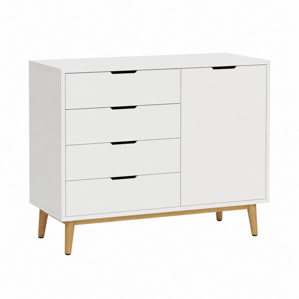 Buffet blanc rectangulaire en panneaux de particules mélaminés avec 4 tiroirs et 1 porte 100 x 40 x 90 cm