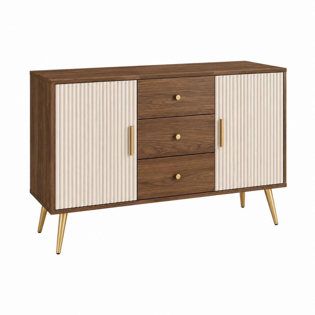 Buffet de salle à manger 2 portes 3 tiroirs noyer et crème en MDF 140 x 40 x 85 cm