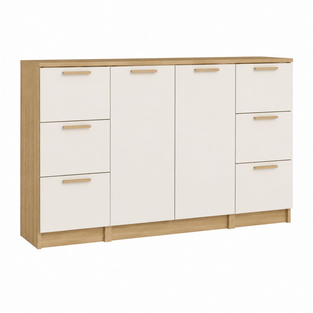 Buffet de rangement rectangulaire blanc et chêne en panneaux de particules mélaminés 160 x 40 x 90 cm
