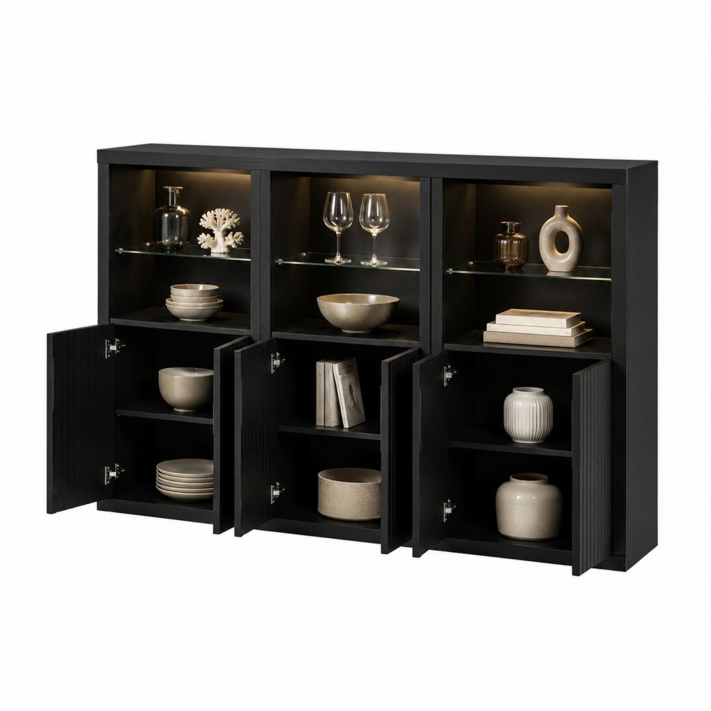 Buffet vitrine rectangulaire noir en panneaux MDF 180 x 42 x 140 cm