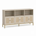 Buffet vaisselier 6 portes beige en panneaux MDF cannage de rotin et verre 180 x 40 x 100 cm