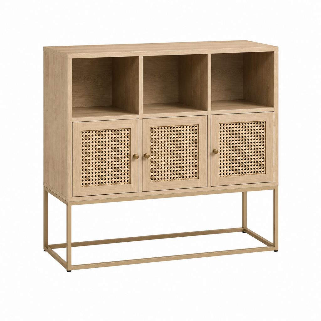 Buffet haut 3 portes chêne clair panneaux MDF cannage naturel 120 x 40 x 120 cm
