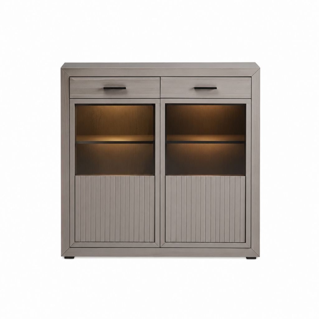 Buffet vaisselier 2 portes 2 tiroirs gris taupe en MDF et verre 120 x 40 x 120 cm