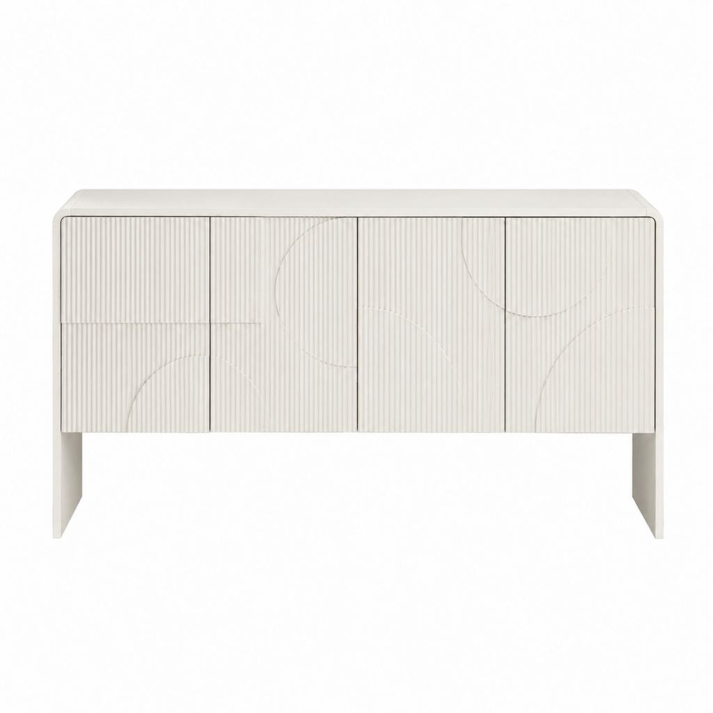 Buffet 4 portes rectangulaire blanc en MDF rainuré 160 x 40 x 80 cm