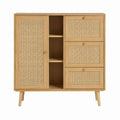 Buffet haut de rangement beige en chêne massif et rotin naturel rectangulaire 120 x 40 x 140 cm