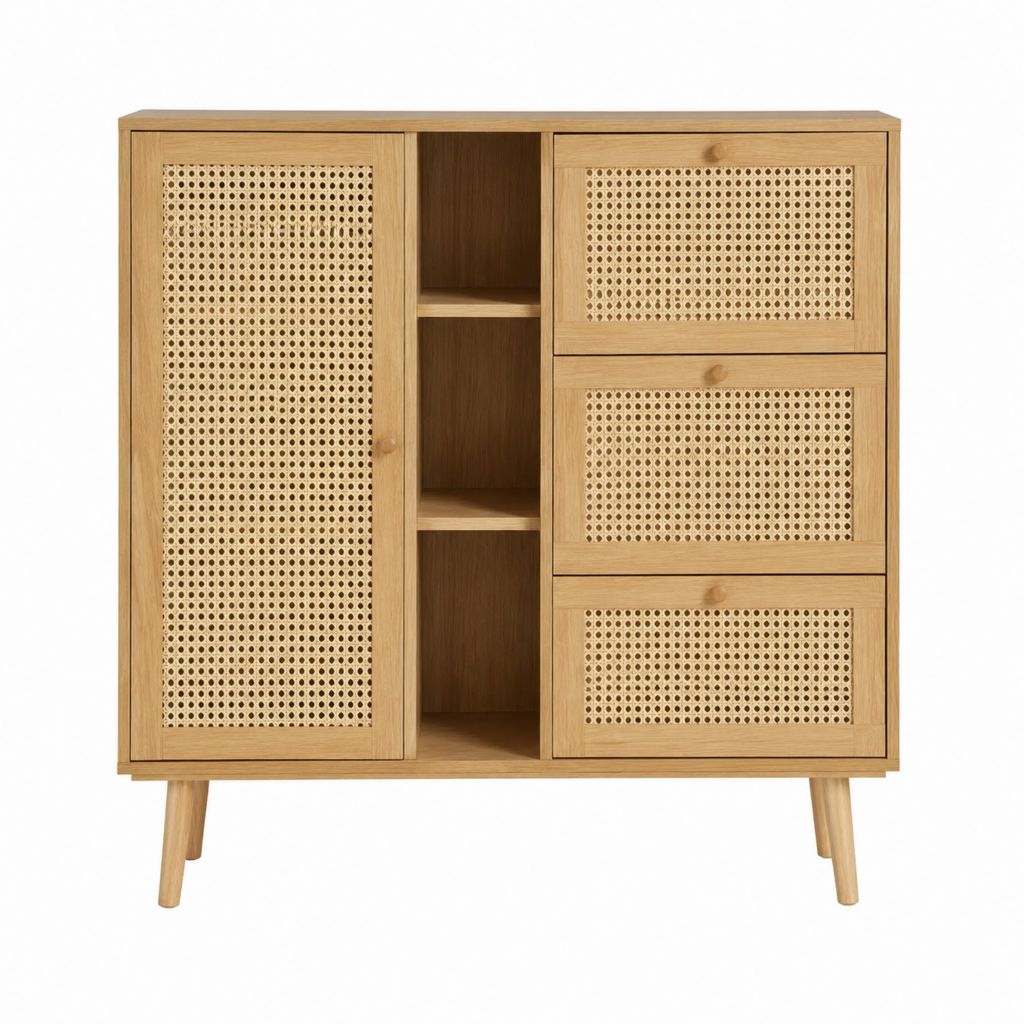 Buffet haut de rangement beige en chêne massif et rotin naturel rectangulaire 120 x 40 x 140 cm