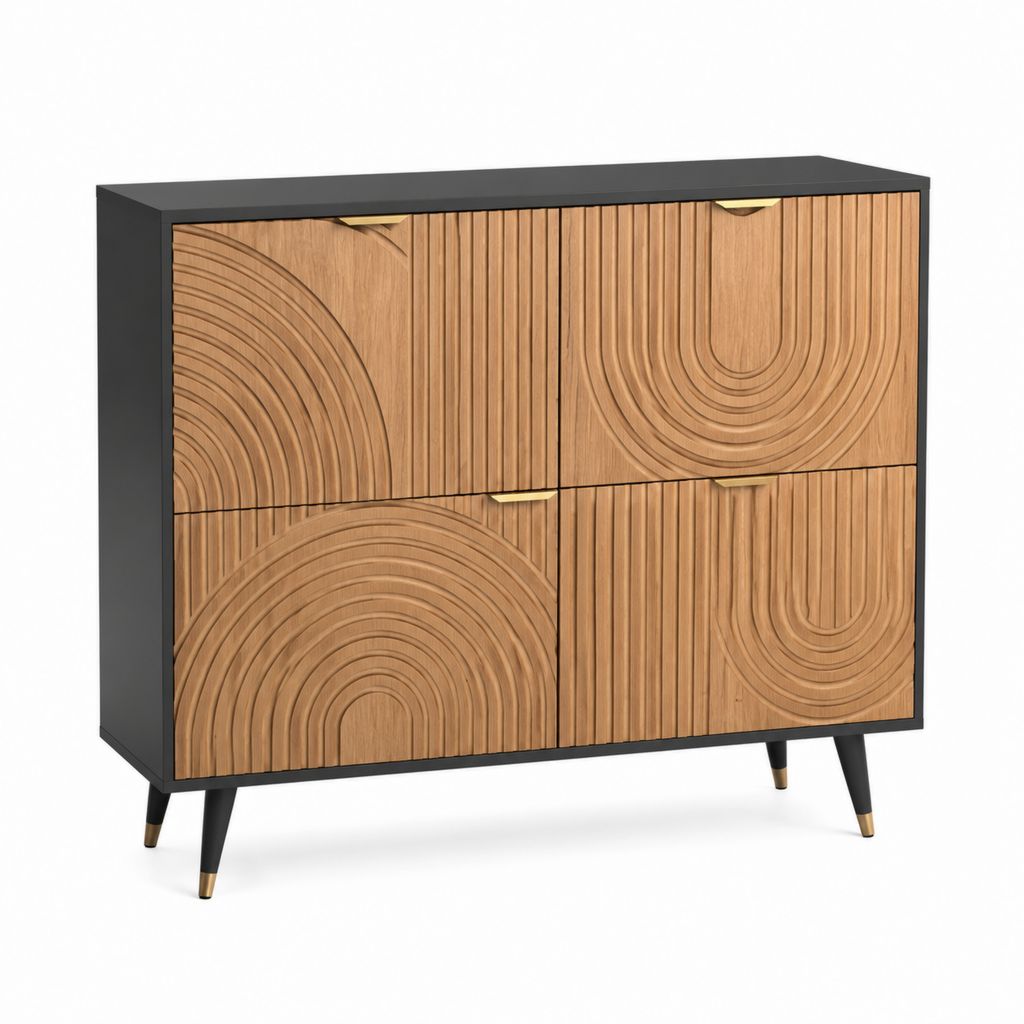 Buffet 4 portes noir et chêne en panneaux MDF rectangulaire 120 x 40 x 90 cm