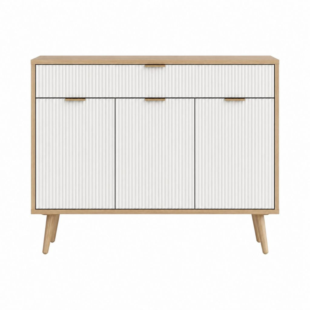 Buffet 3 portes 1 tiroir blanc et chêne en MDF rectangulaire 120 x 40 x 90 cm