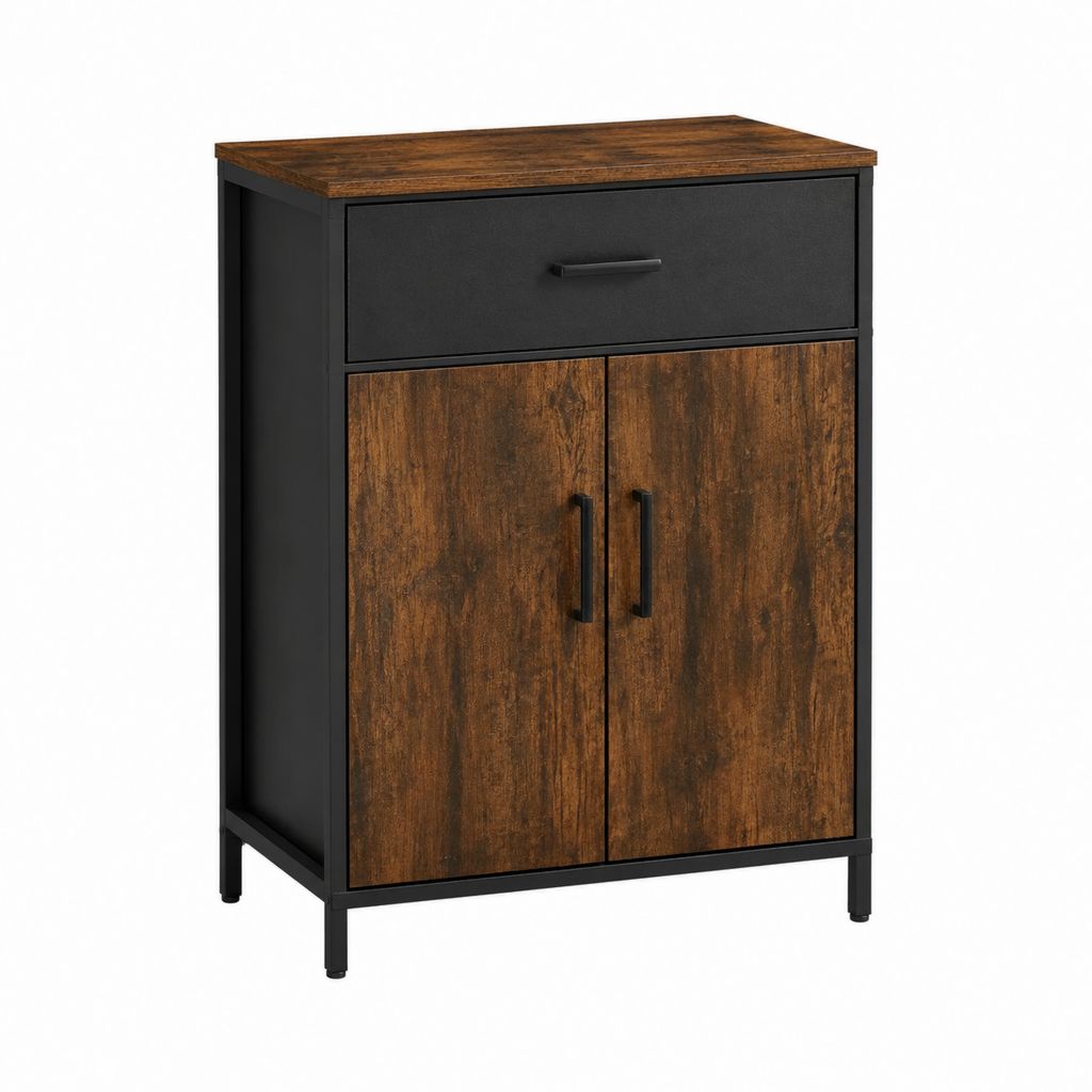 Buffet de rangement 2 portes 1 tiroir marron rustique noir en panneaux de particules et acier 80 x 40 x 100 cm