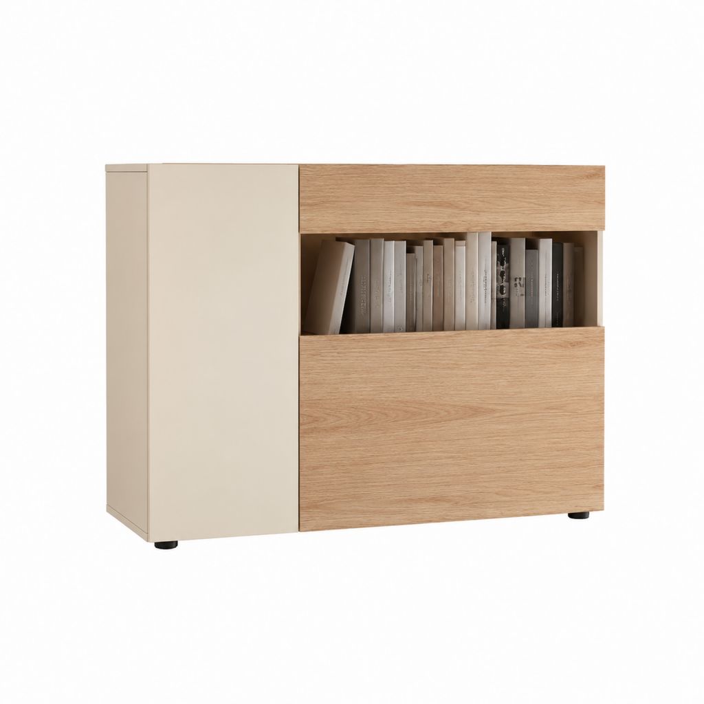Buffet 1 porte 2 tiroirs avec niche beige et chêne clair en panneaux de particules 120 x 40 x 90 cm