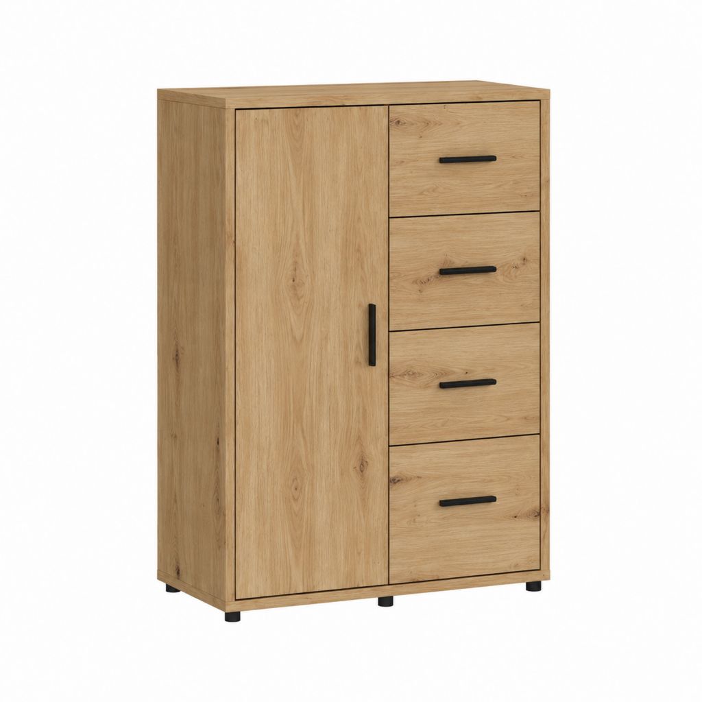 Buffet haut 1 porte 4 tiroirs chêne clair panneaux de particules 80 x 40 x 120 cm