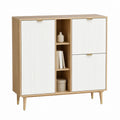 Buffet de rangement 3 portes blanc et chêne en panneaux MDF 120 x 40 x 140 cm
