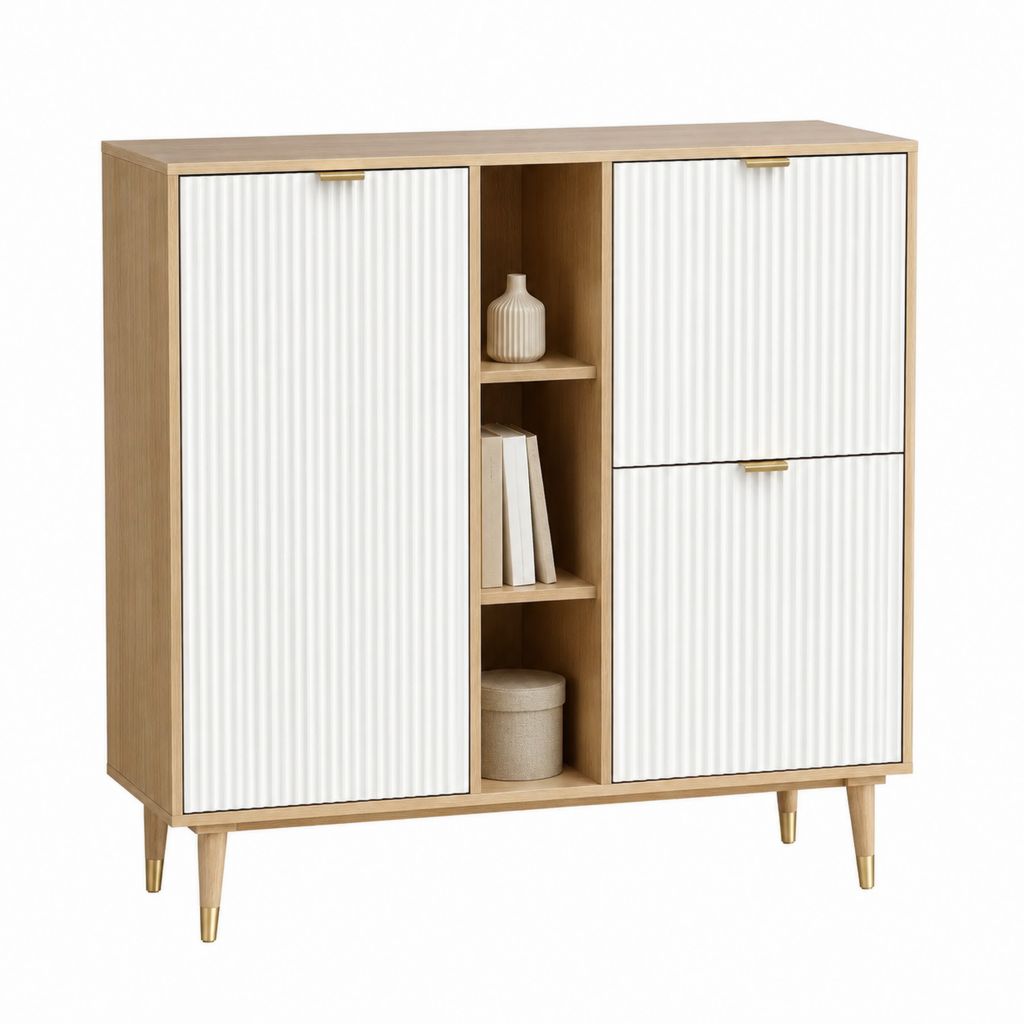 Buffet de rangement 3 portes blanc et chêne en panneaux MDF 120 x 40 x 140 cm