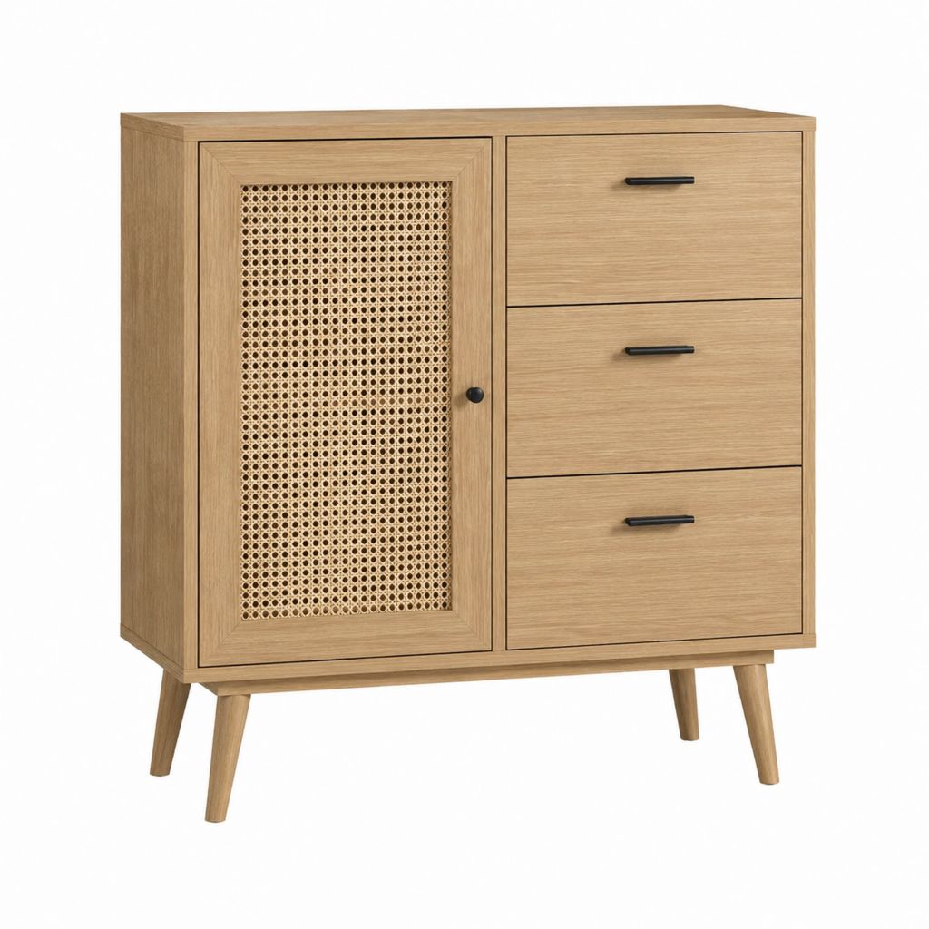 Buffet de salle à manger chêne clair et rotin 1 porte 3 tiroirs 80 x 40 x 100 cm
