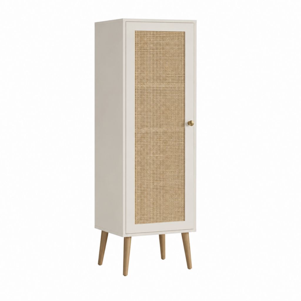 Buffet haut 1 porte beige en MDF et cannage en rotin 50 x 40 x 160 cm