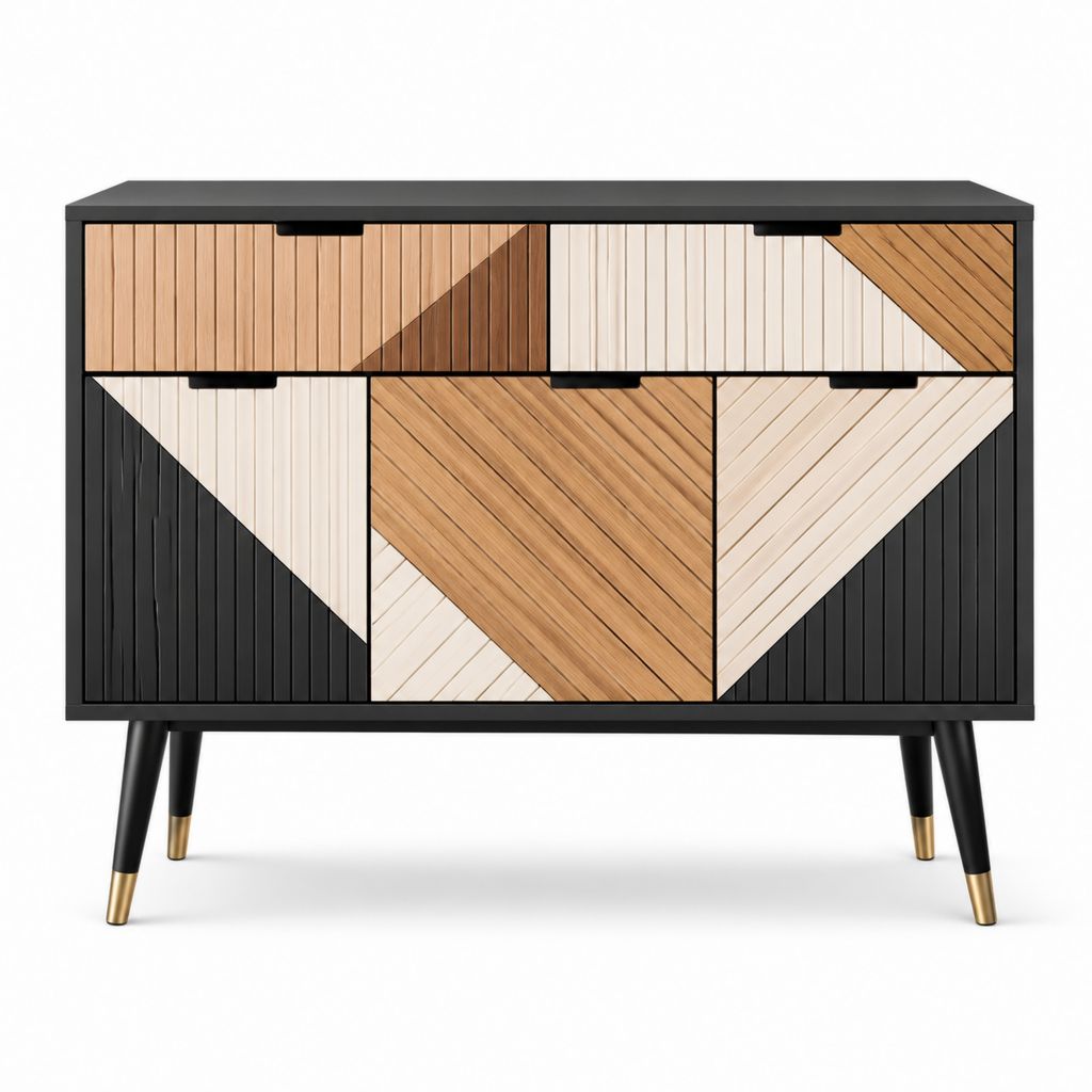 Buffet de salle à manger 3 portes 2 tiroirs noir naturel blanc en panneaux MDF 120 x 40 x 80 cm