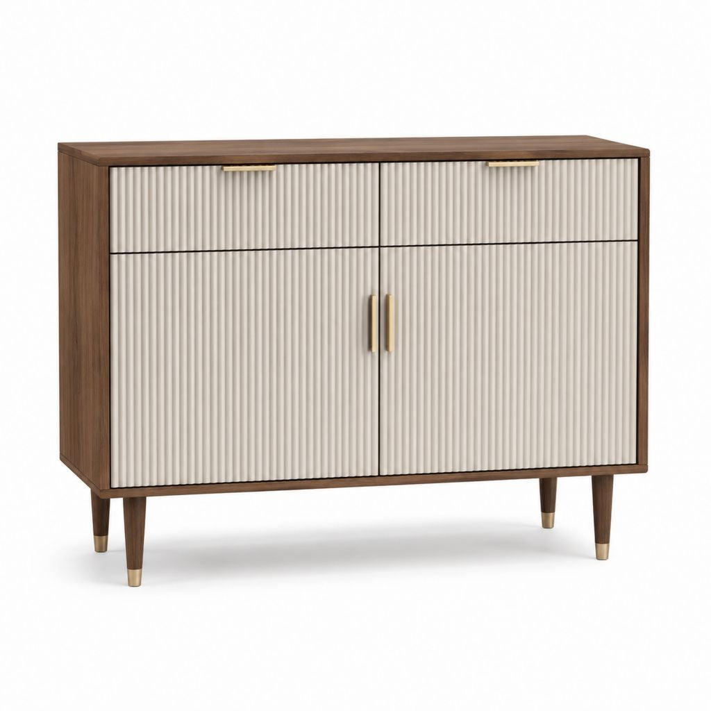 Buffet 4 portes marron noyer et beige en MDF rainuré 120 x 40 x 90 cm